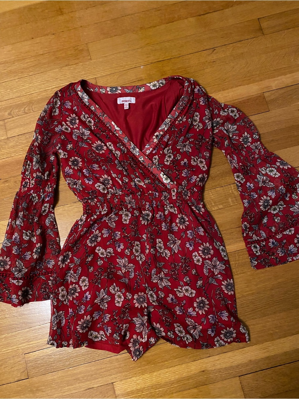 BONGO Red Floral Wrap Romper with Cream & Green Blooms